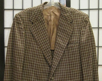 Vintage Mens Plaid Jacket Sport Coat Mod Blazer Brown Black Ivory White Windowpane 1960s 1970s Lightweight 40 Barron's 38 R