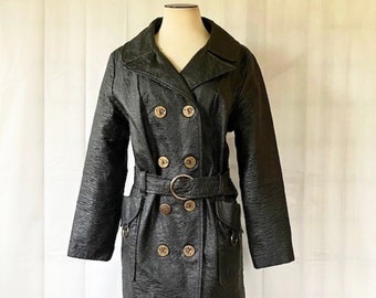Vintage Vinyl Trench Coat 1960s 1970s  Black Faux Leather 42 Extra Large L XL Double Breasted Pleather
