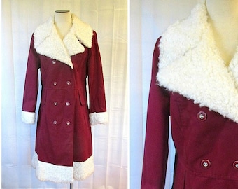 Vintage 1960s 1970s Coat Dark Burgundy Magenta Purple and White Faux Shearling Mongolian Fur Trench Fleet Street 40 L XL Sherpa Pile