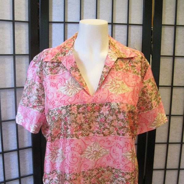 Vintage Blouse Pullover 1950s 1960s Short Sleeve Floral Pink Olive Green Taupe White Extra Large 12 14 44 Bust L XL XXL Volup Big Gal