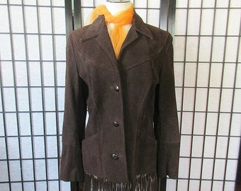 Vintage Suede Jacket with Fringe by Pioneer Wear 1970s Womens Short Coat 36 Bust M Dark Brown Made in Albuquerque New Mexico USA