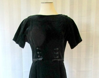 Vintage Black Velvet Dress 1950s 1960s by Carol Brent 25 1/2 Inch Waist 36 Bust Bows Party Frock M New Look LBD