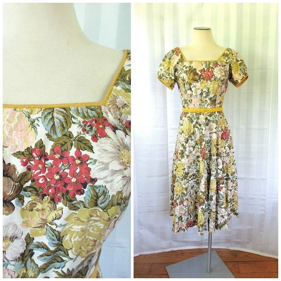 Vintage 1950s Dress with Rhinestones Floral Green… - image 1