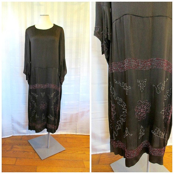 Vintage 1920s Silk Flapper Dress Brown with Beadi… - image 1