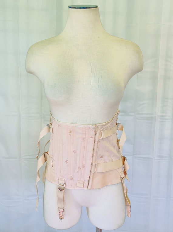 Vintage Boned Corset Girdle 1940s Waist Trainer With Garters