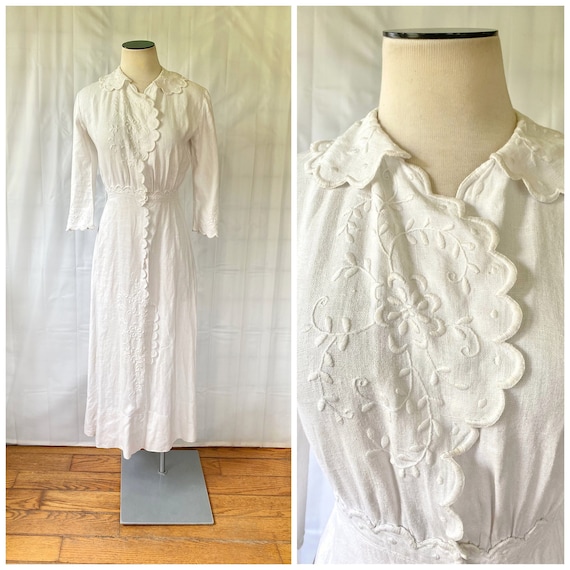 Antique Edwardian Dress 1910s White Linen with Floral… - Gem