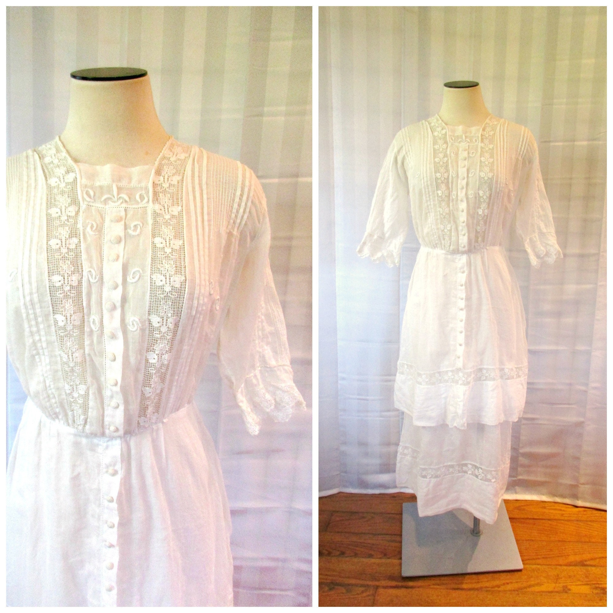 Antique Edwardian Dress 1900s White Cotton Batiste Crochet Lace 36 37 Inch Bust Long Romantic Vintage