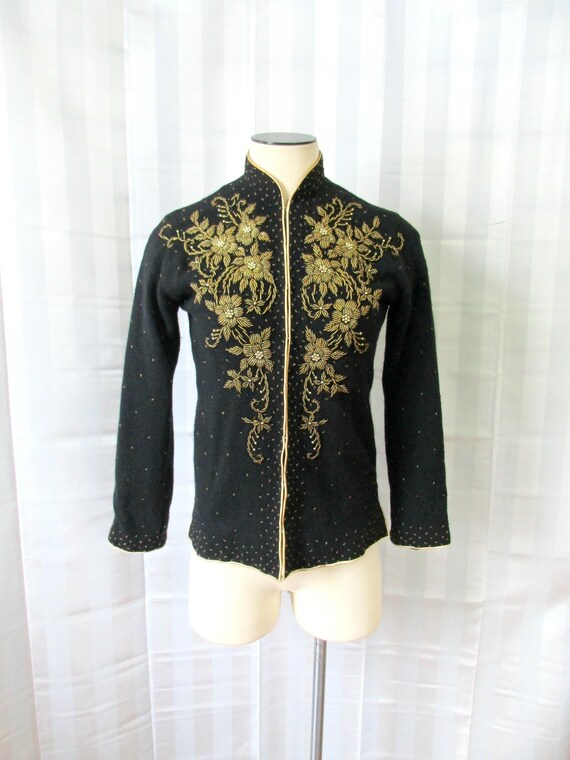 Vintage Beaded Cardigan Sweater Black Gold Floral