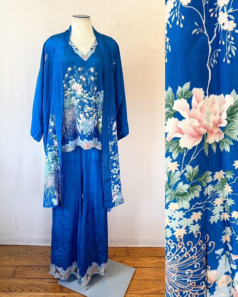 Pongee Set Vintage Pongee Silk Pajamas 1920s 1930s Loungewear 40 Bust L XL Beach ...