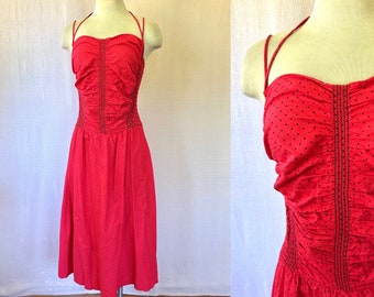 Abito estivo vintage anni '70, busto 34/36, pois rossi e neri, spalline sottili, allacciatura a nodo, taglia S M
