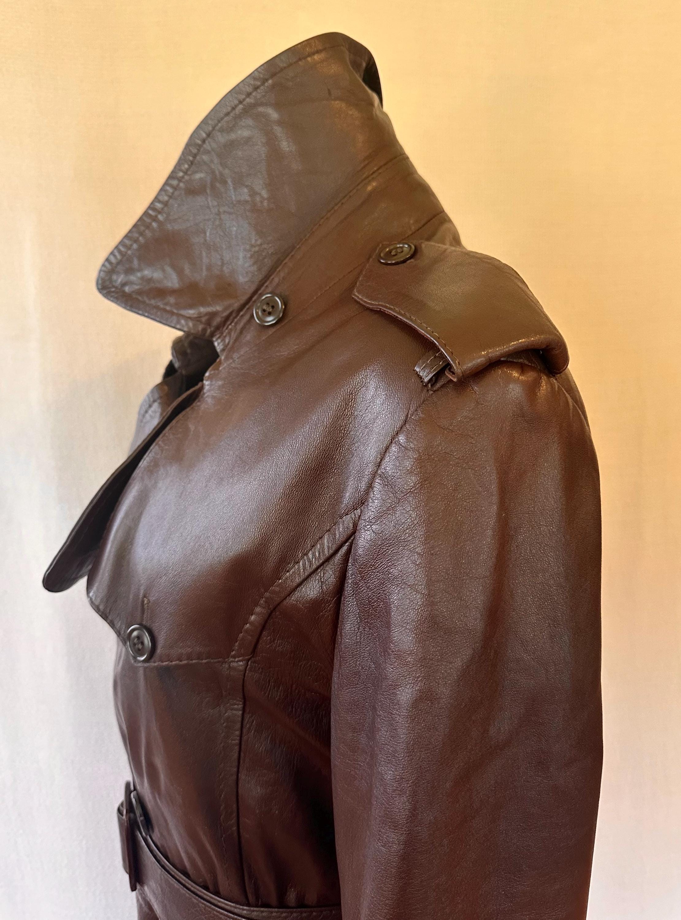 Vintage Mod Leather Trench Coat 1970s Double Breasted With