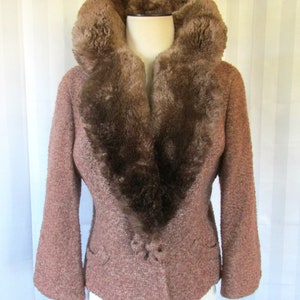 Vintage 1940s Wool Jacket with Beaver Fur Collar by Monarch Cardigan 36 38 Medium Reddish Brown 3/4 Sleeve image 6