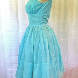 Vintage Party Dress 1950s 1960s Turquoise Blue Floral Lace Top 30 Bust XS Extra Small Short Formal Prom Cocktail Sun Dress image 5