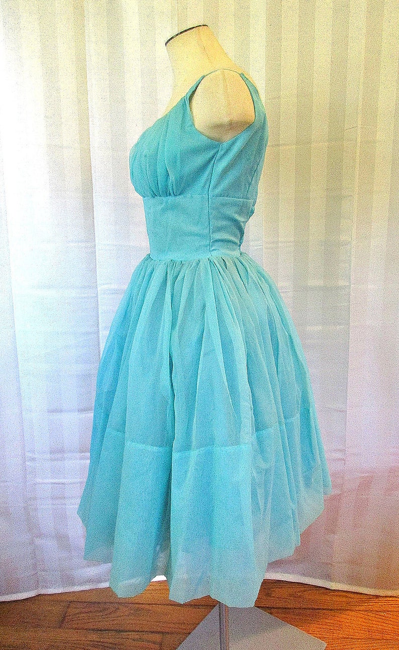 Vintage Party Dress 1950s 1960s Turquoise Blue Floral Lace Top 30 Bust XS Extra Small Short Formal Prom Cocktail Sun Dress image 5