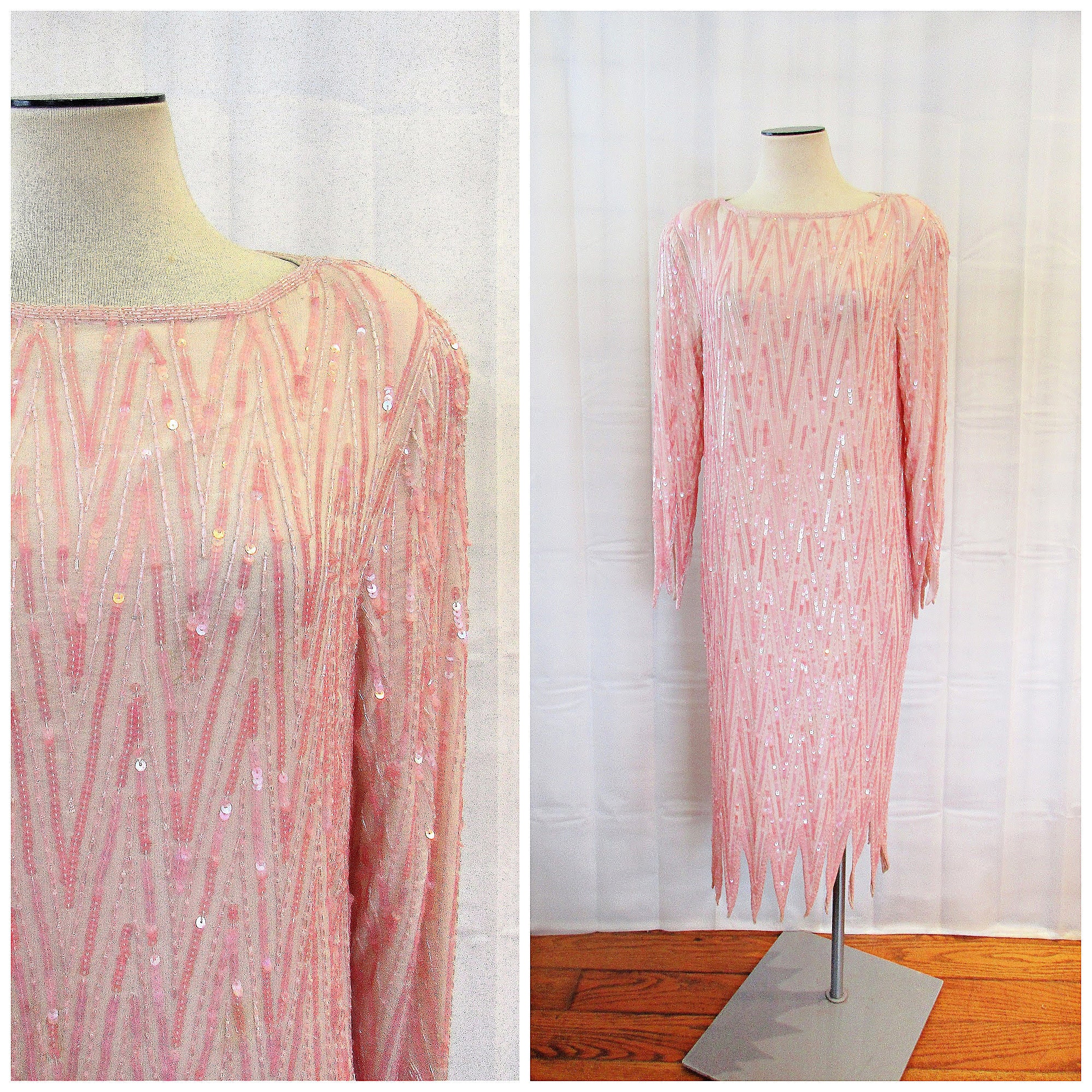Vintage Lillie Rubin Evening Dress Pink Silk Sequins 1980S Midi 38 Bust L Large 1920S Deco Style Chevron Pattern