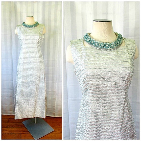 Vintage Evening Gown Silver Lame Turquoise Blue B… - image 1