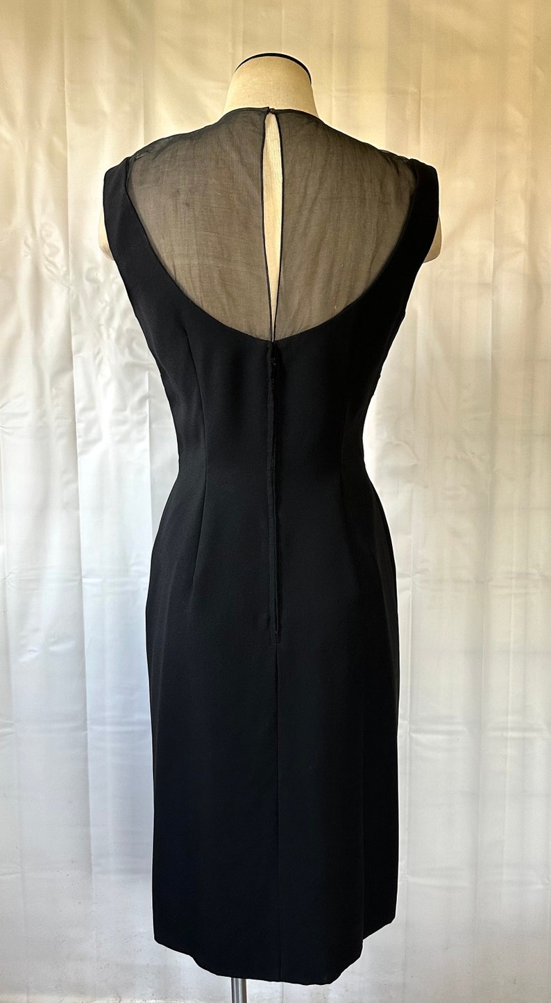 Vintage Party Dress 1950s 1960s Crepe Black Frock 36 Medium Sheer Illusion LBD Little Black Dress image 4