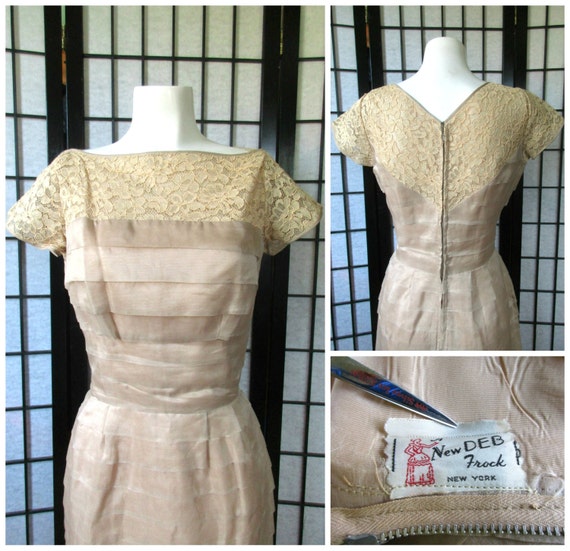 Vintage Party Dress 1950s Champagne Beige Lace Sh… - image 6