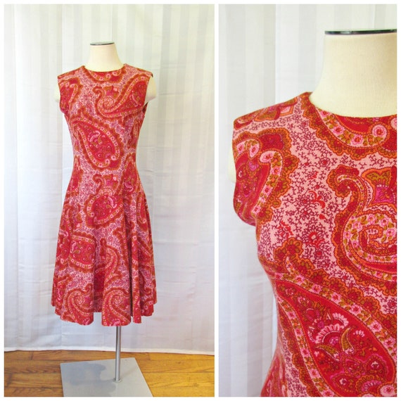 Vintage Paisley Dress 1960s 1970s Red Pink Orange… - image 1