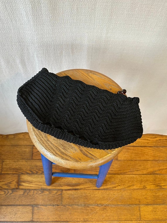 Vintage 1940s Black Cord Crochet Clutch with Plast