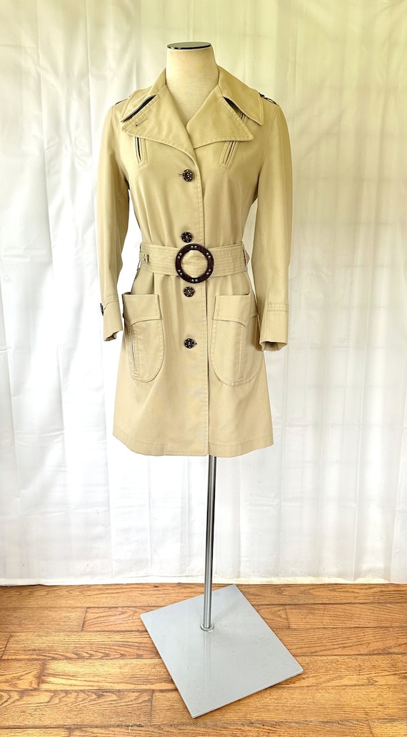Vintage Mod Trench Coat Beige Cloth Jacket 1960s 1970s M 34 Bust