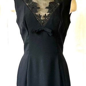 Vintage Party Dress 1950s 1960s Crepe Black Frock 36 Medium Sheer Illusion LBD Little Black Dress image 9