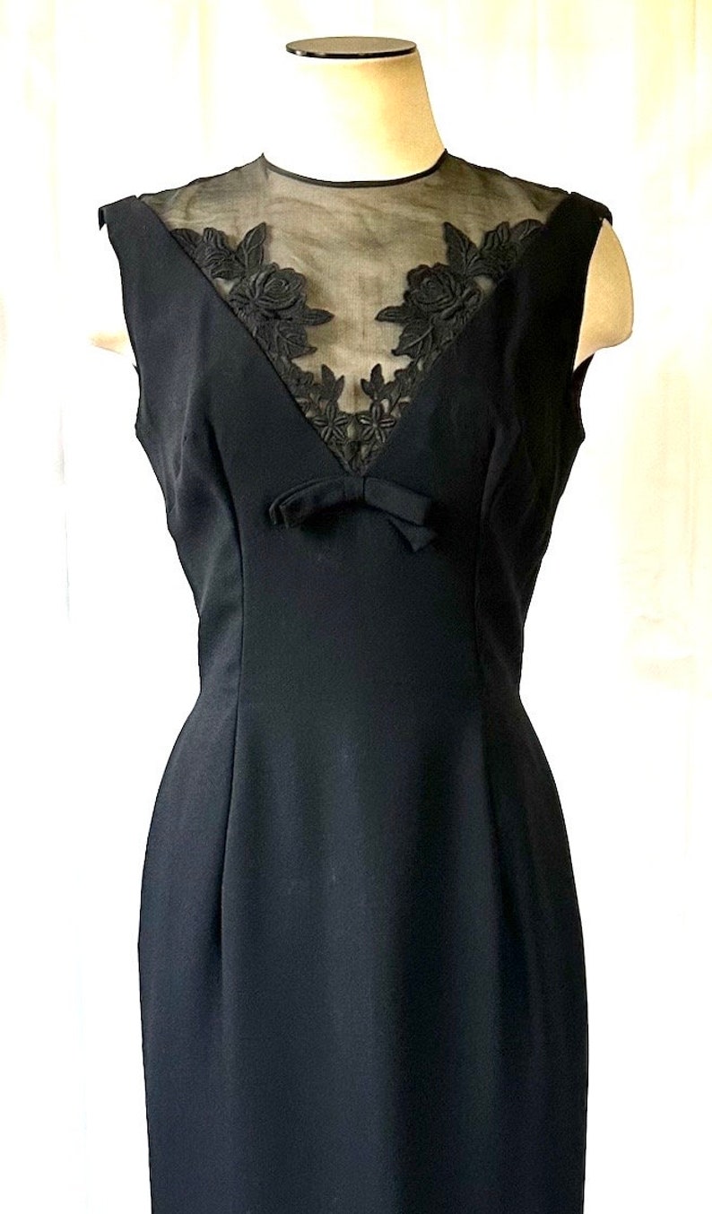 Vintage Party Dress 1950s 1960s Crepe Black Frock 36 Medium Sheer Illusion LBD Little Black Dress image 9