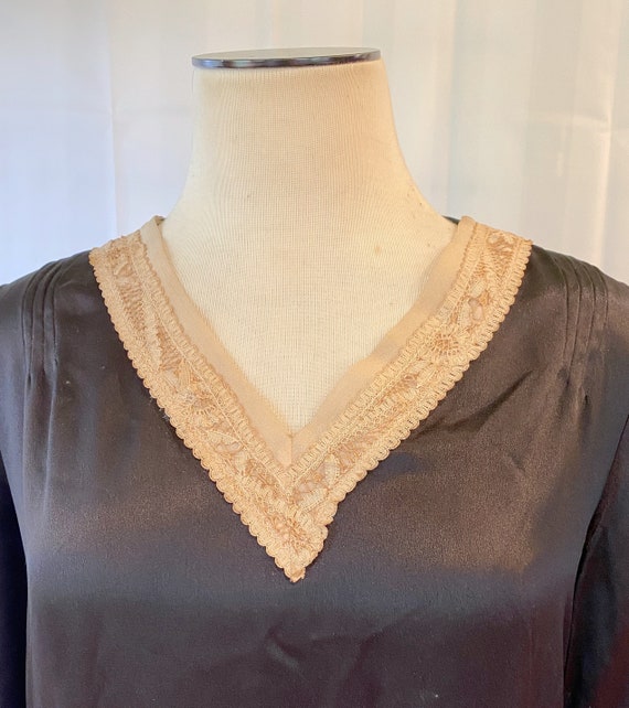 Vintage 1920s 1930s Black Silk Dress Beige Lace Art D… - Gem