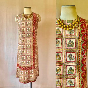 Vintage Ethnic Dress 1960s Indian Print Elephants Birds Summer Shift 38 Bust Medium Large Beige Red Green Yellow image 1