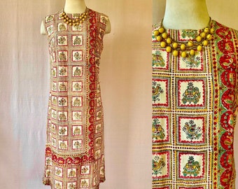 Vintage Ethnic Dress 1960s Indian Print Elephants Birds Summer Shift 38 Bust Medium Large Beige Red Green Yellow