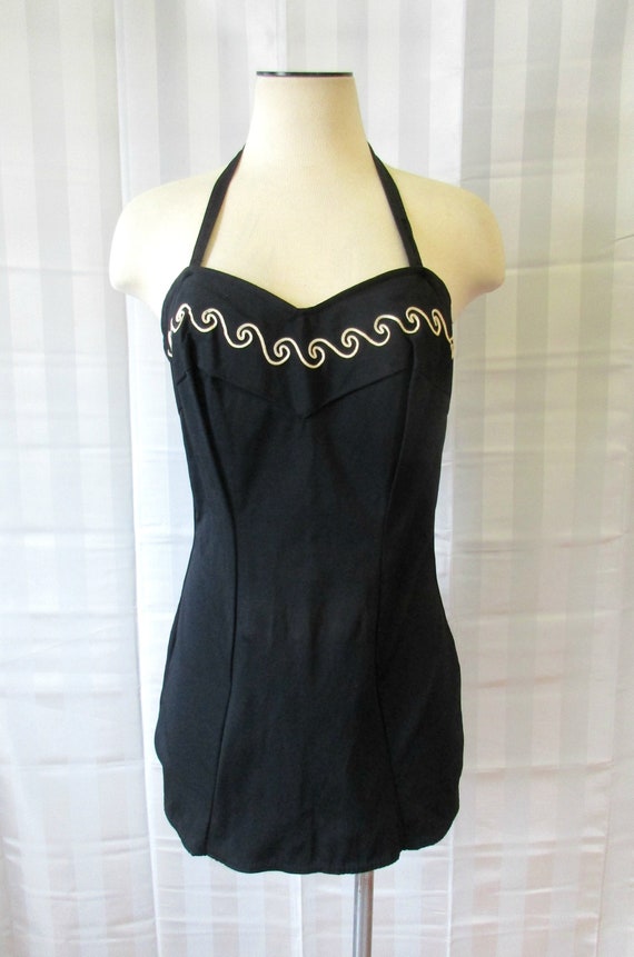 Vintage 1940s Bathing Suit Navy Blue White Soutac… - image 2