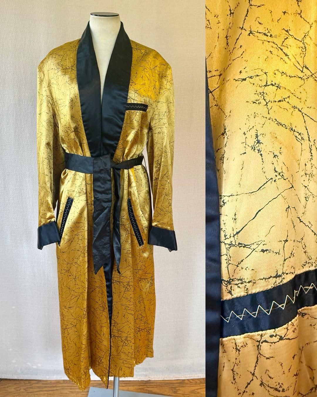 Vintage Satin Robe 1930s 1940s Dead Stock Gold Black Mens Bathrobe ...