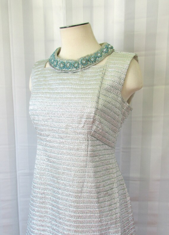 Vintage Evening Gown Silver Lame Turquoise Blue B… - image 6