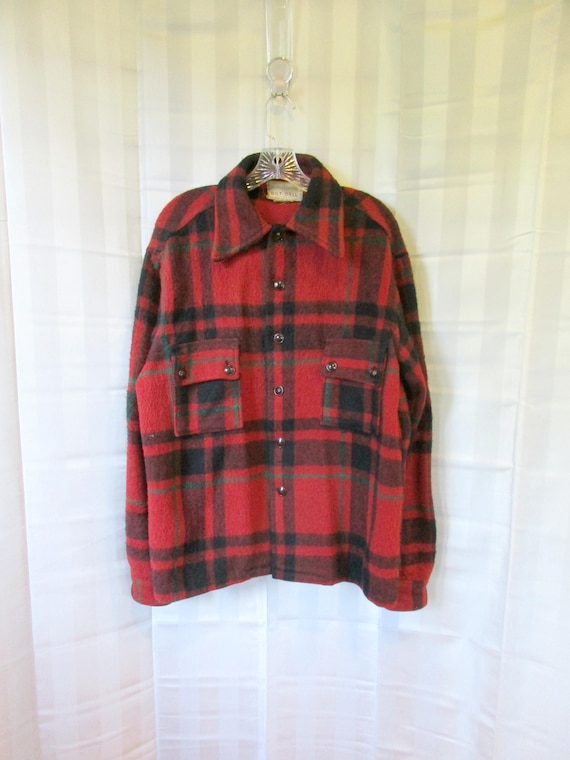 Vintage Plaid Jacket 1950s 1960s Bilt Well Wool Shirt Red Black Green 48 Medium Large Winter Workshirt Work Shirtjacket