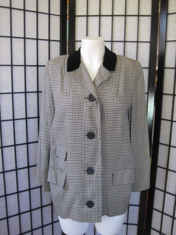 Vintage Long Jacket Velvet Collar Black Gray Whit… - image 1