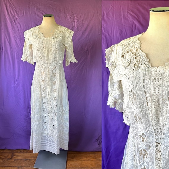 Antique Edwardian Dress 1900s White Cotton Batist… - image 1