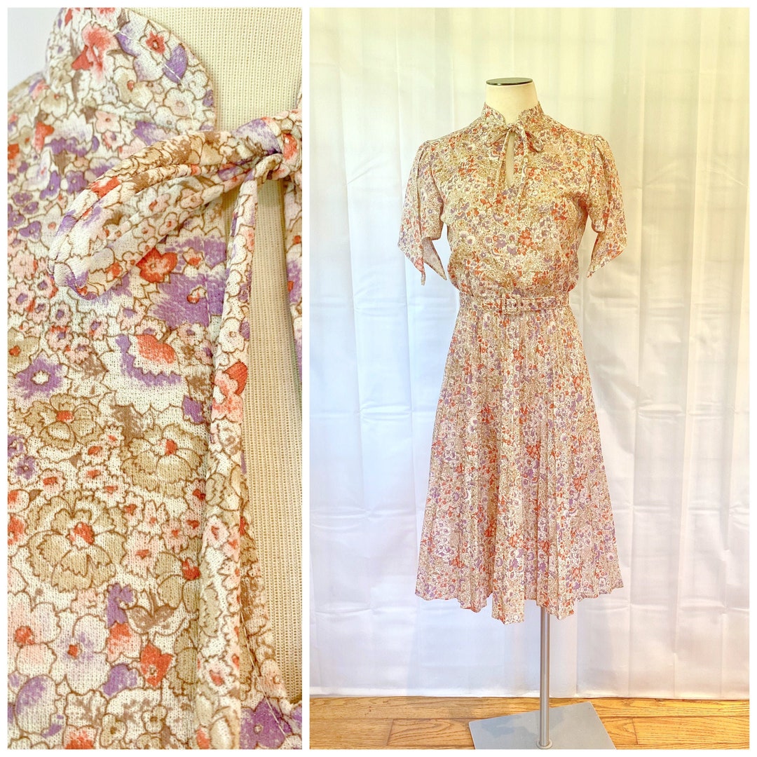 VINTAGE 60s 70s WHITE PINK PURPLE FLORAL STRIPED FLUTTER SLEEVE SWING DRESS 14 main image 0