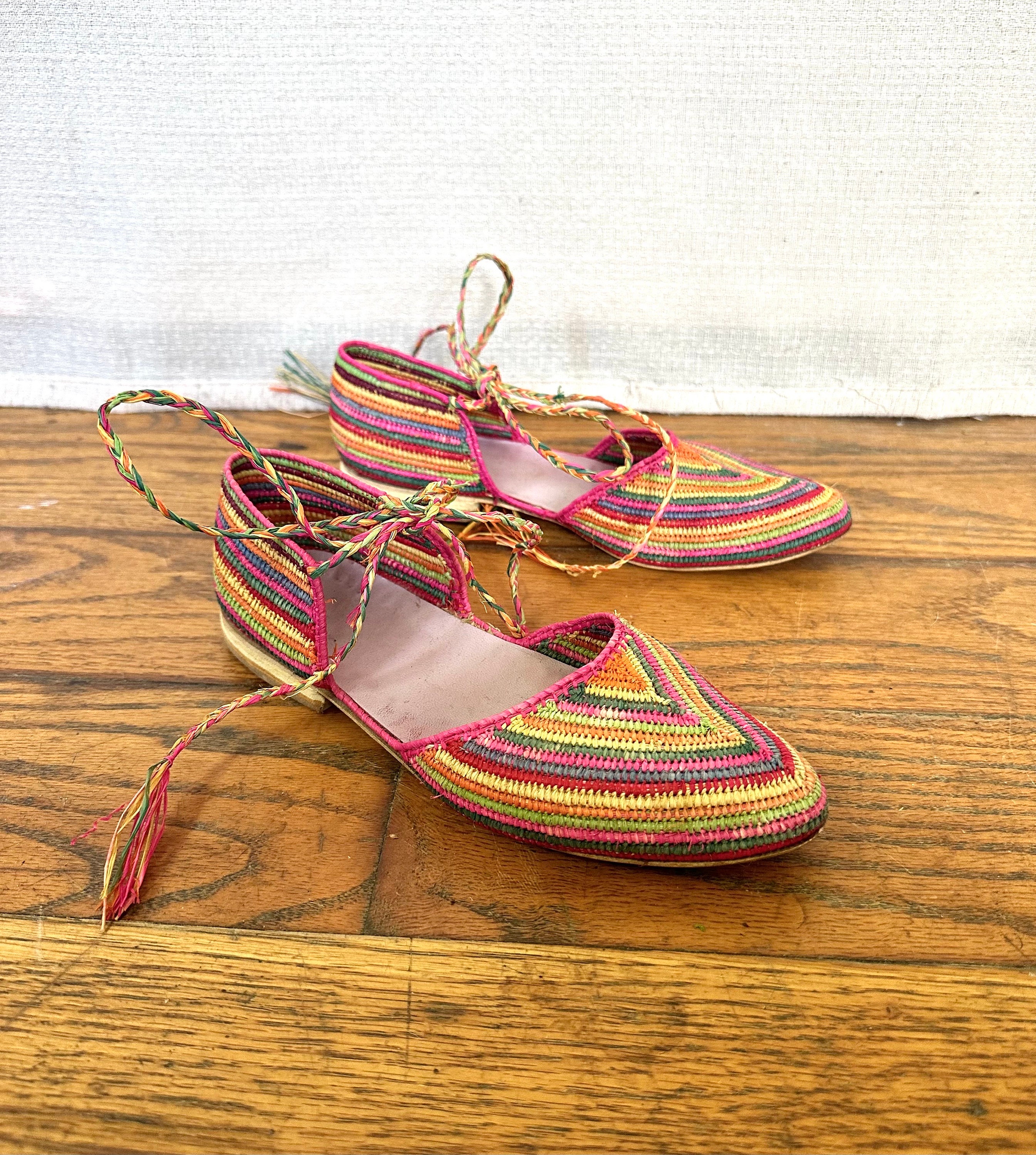 Vintage Moroccan Handmade Flat Raffia Shoes Morocco Woven Babouche