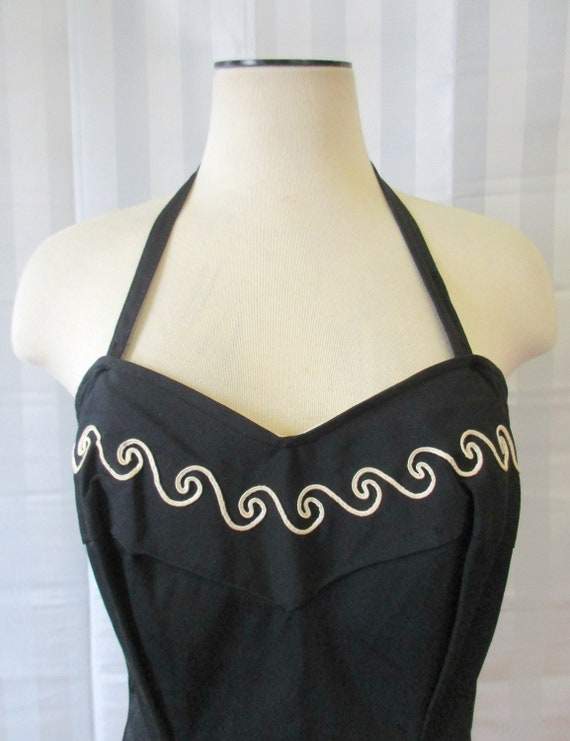 Vintage 1940s Bathing Suit Navy Blue White Soutac… - image 3