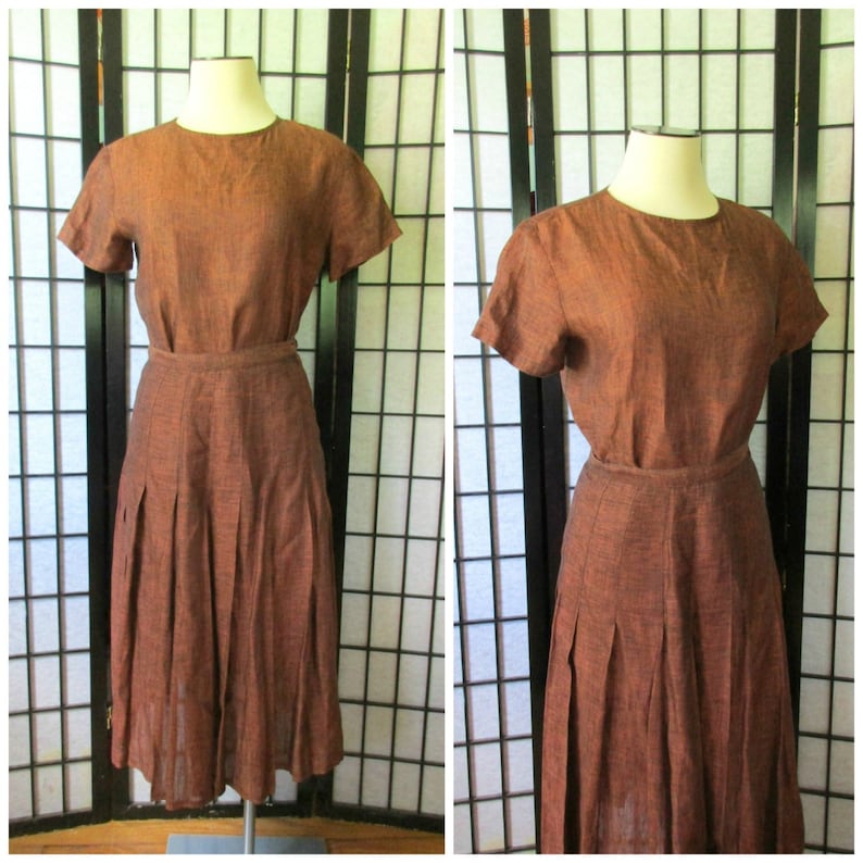 Vintage Calvin Klein 1970s 1980s Blouse Skirt 2 Piece Outfit S M 36 Bust Copper Burnt Sienna and Black Semi Sheer Linen 24 Waist image 1