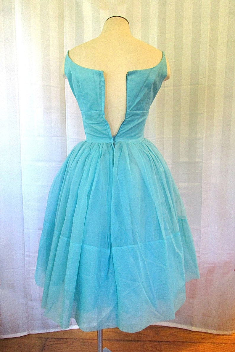 Vintage Party Dress 1950s 1960s Turquoise Blue Floral Lace Top 30 Bust XS Extra Small Short Formal Prom Cocktail Sun Dress image 6
