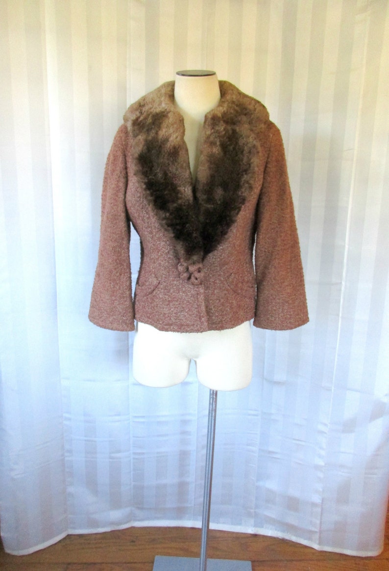 Vintage 1940s Wool Jacket with Beaver Fur Collar by Monarch Cardigan 36 38 Medium Reddish Brown 3/4 Sleeve image 1