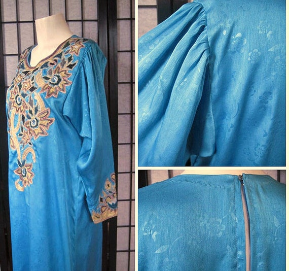 Vintage Caftan Loungewear Robe Turquoise Blue Met… - image 8