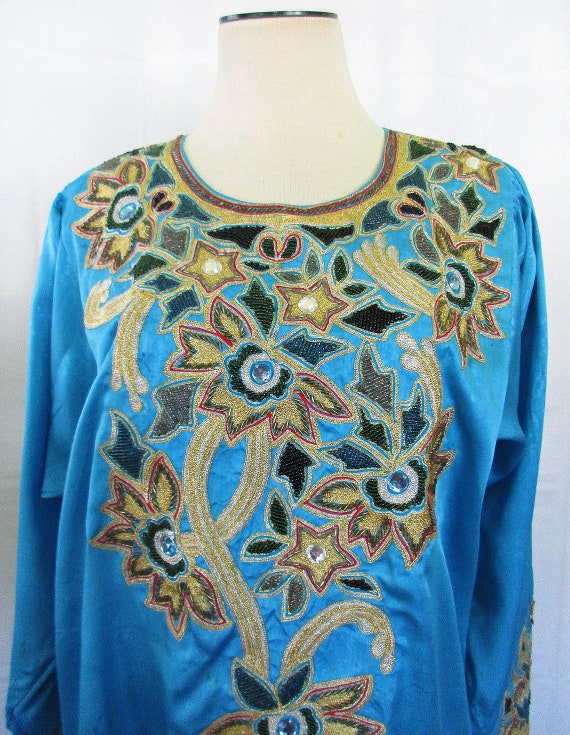 Vintage Caftan Loungewear Robe Turquoise Blue Met… - image 3
