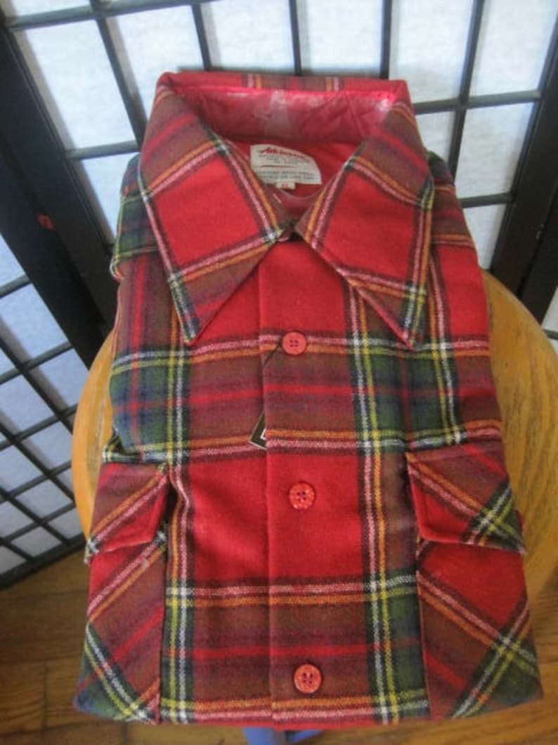 NOS Vintage Plaid Shirt by Atkinson 1960s 1970s Wool Blend 50 Inch Chest L XL Workshirt Shirtjacket Red Green White Black Tartan Dead Stock