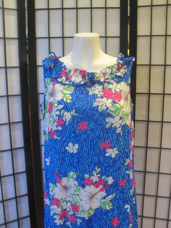 Vintage 1970s Maxi Dress Royal Hawaiian Blue Turquoise White Lime Green Magenta Pink Long Gown 12 / 38 Bust Aloha Luau Party L XL