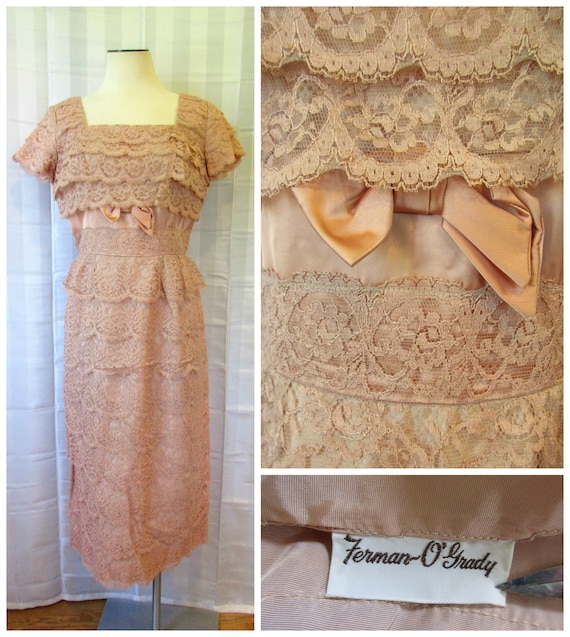 Vintage 1950s Lace Party Dress Champagne Beige Sh… - image 6