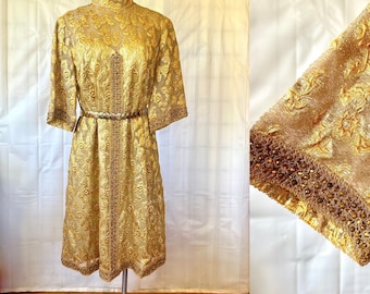 Vintage 1960s 1970s Gold Dress Cocktail Party Frock 36 M Short Formal A Line