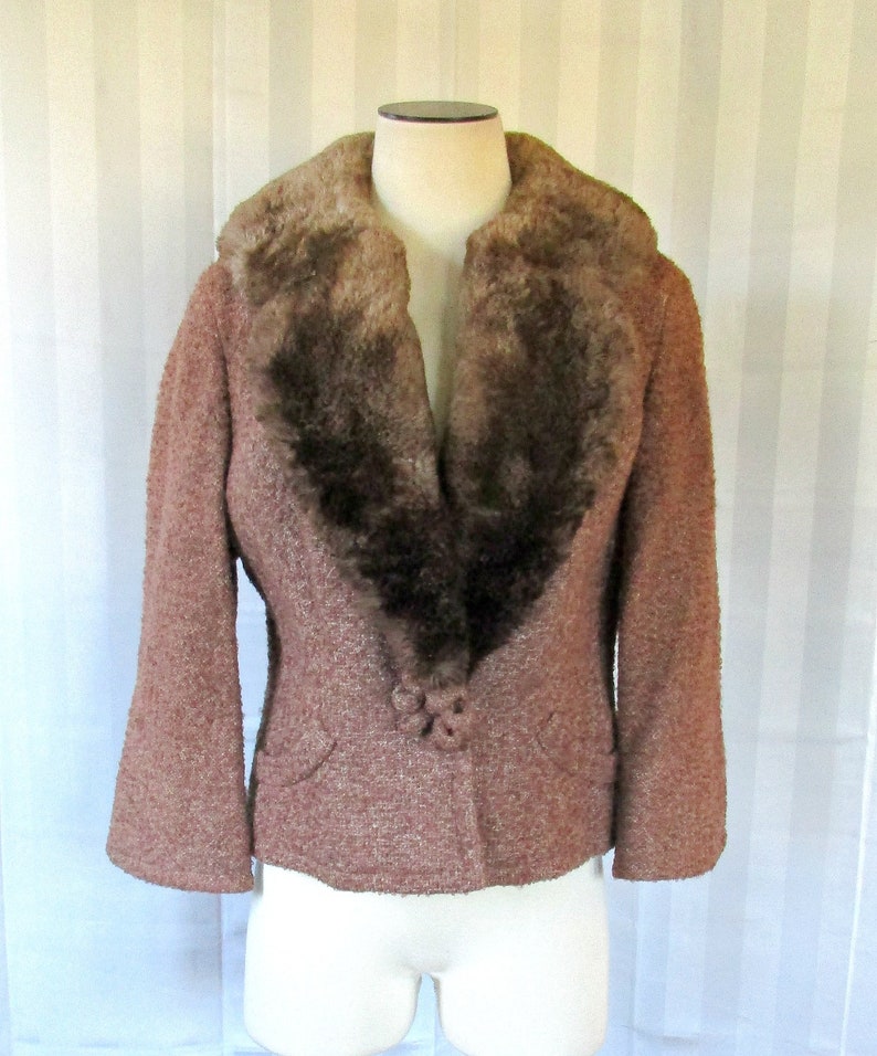 Vintage 1940s Wool Jacket with Beaver Fur Collar by Monarch Cardigan 36 38 Medium Reddish Brown 3/4 Sleeve image 2