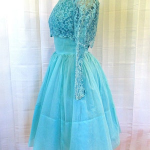 Vintage Party Dress 1950s 1960s Turquoise Blue Floral Lace Top 30 Bust XS Extra Small Short Formal Prom Cocktail Sun Dress image 3